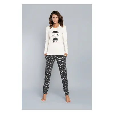 Pyjamas Dima long sleeves, long pants - ecru print/dark melange