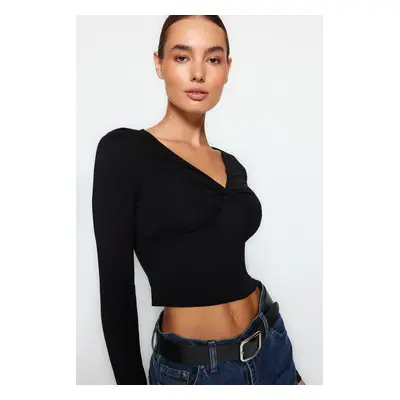 Trendyol Black Cotton Chest Gathered Fitted Regular Length Knitted Blouse