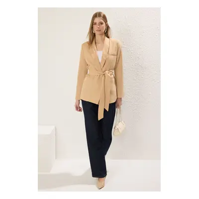 Trendyol Beige Linen Look Jacket Collar Waist Belted Blazer Jacket