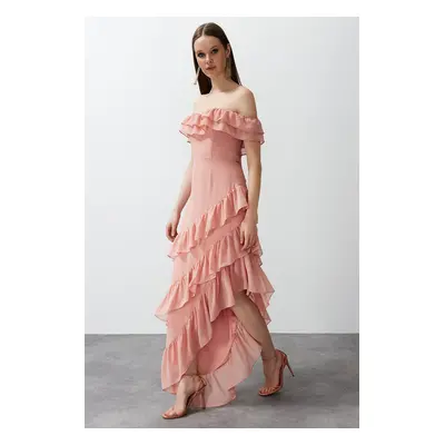 Trendyol Dusty Rose Ruffle Woven Chiffon Long Evening Evening Dress