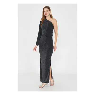 Trendyol Anthracite Body-Smooth Single Sleeve Glittery Knitted Midi Dress