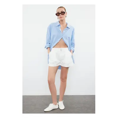 Trendyol White Pleated Hem Fold High Waist Denim Shorts