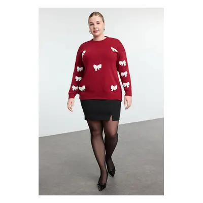 Trendyol Curve Burgundy Ribbon/Bow Embroidered Knitwear Sweater