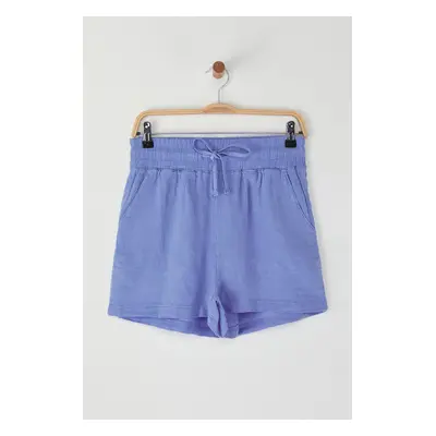 Trendyol Blue 100% Linen Elastic Waist High Waist Shorts