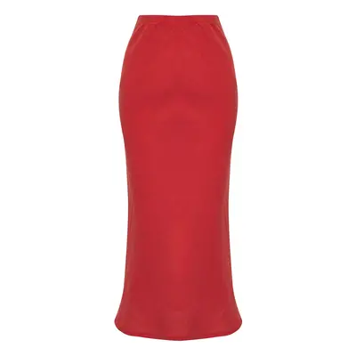 Trendyol Red 100% Linen Elastic Waist High Waist Midi Skirt