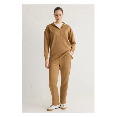 Trendyol Brown Front Zippered Soft Texture Scuba Oversize Knitted Tracksuit