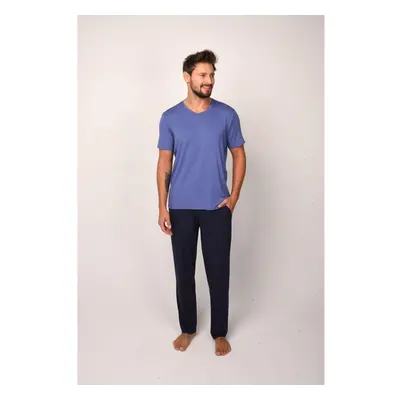 Men's Pyjamas Dallas, Short Sleeves, Long Pants - Blue/Navy Blue