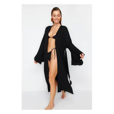 Trendyol Black Belted Maxi Woven Ruffled 100% Cotton Kimono&Kaftan