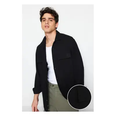 Trendyol Black Oversize Fit Linen Textured Double Pocket Jacket Shirt