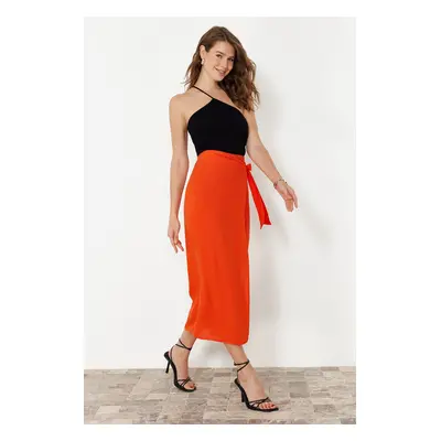 Trendyol Orange Tied Double Breasted Closure Viscose Fabric Maxi Length Woven Skirt