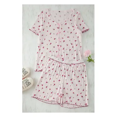 Trendyol Curve Pink Floral Pointel Openwork/Hole Bow/Ribbon Detailed Knitted Pajama Set