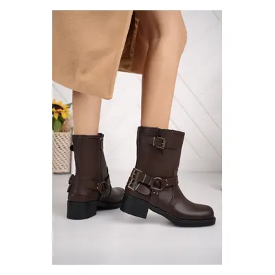 Trendyol Brown Antique Buckle Detailed Motorcycle Low Heel Women's Biker Boots