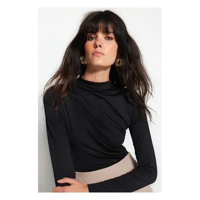 Trendyol Black Drawstring Detailed Stand-Up Collar, Stretchy Knitted Bodysuit