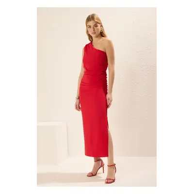 Trendyol Pomegranate Flower Straight Body Wrap Midi Woven Dress