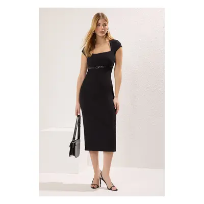 Trendyol Black Belted Plain Bodycon Midi Woven Dress