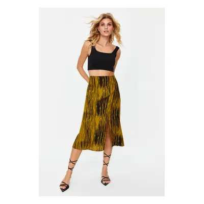 Trendyol Mustard Slit Detail Viscose Fabric Patterned Midi Woven Skirt