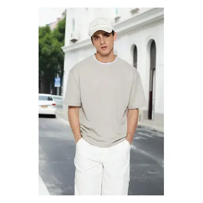 Trendyol Limited Edition Stone Oversize/Wide Cut Knit Banded Textured Pique T-Shirt