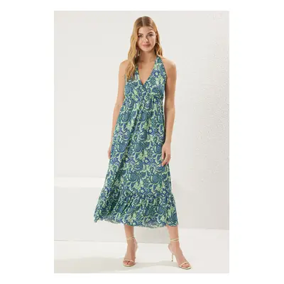 Trendyol Blue Ethnic Printed V Neck Skirt Ruffle Pleated Ribbed Elastic Maxi Knit Dress