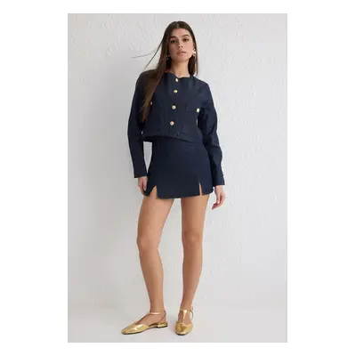 Trendyol Navy Blue Button Detail Cropped Denim Jacket