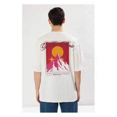 Trendyol Ecru Oversize/Wide Cut Mountain Ridge Printed 100% Cotton T-Shirt