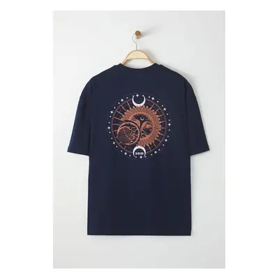 Trendyol Navy Blue Oversize/Wide Cut Short Sleeve Mystic Printed 100% Cotton T-Shirt