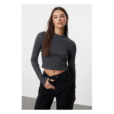 Trendyol Anthracite Washed Fitted Crop High Collar Ribbed Stretchy Knitted Blouse