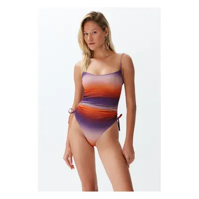 Trendyol Gradient Patterned Strapless Draped Glitter High Leg Regular Swimsuit