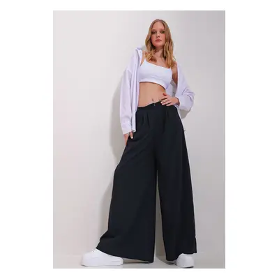 Trend Alaçatı Stili Women's Navy Blue High Waist Darted Wide Leg Front Zipper Trousers