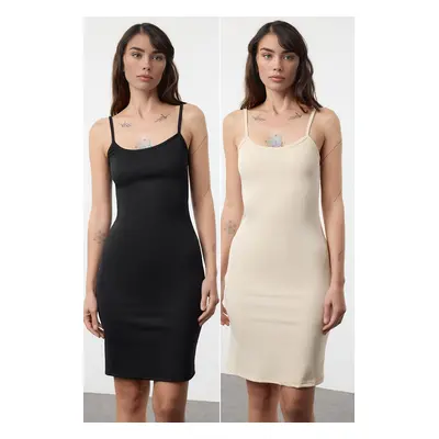 Trendyol Lining Black-Stone 2-Pack Strappy Body-Smoothing Mini Knitted Dress