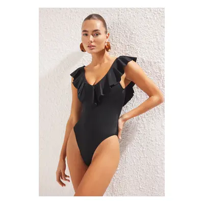 Trendyol Black V Neck Flounce Regular Swimsuit