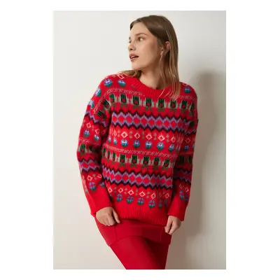 Happiness İstanbul Women's Red Patterned Wool Knitwear Sweater