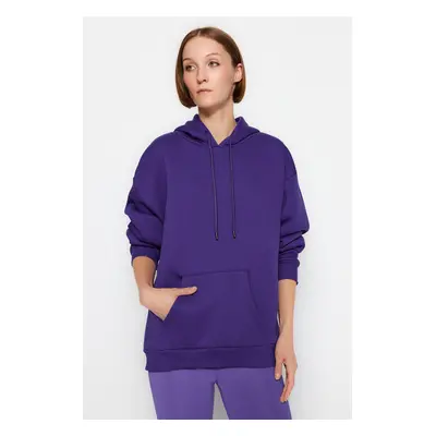 Trendyol Purple Thick Fleece Inside Oversized/Wide Fit With a Hooded Basic Knitted Sweatshirt