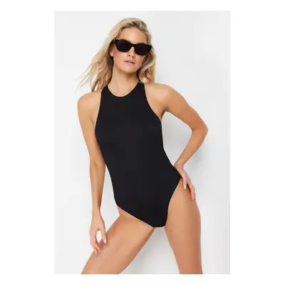 Trendyol Black Halter Neck Accessory Textured Regular Swimsuit