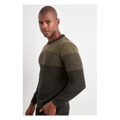 Trendyol Khaki Slim Wool Crew Neck Color Block Knitwear Sweater