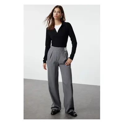 Trendyol Anthracite Belt Detailed Wide Leg/Wide Leg Elastic Back Waist Fabric Trousers