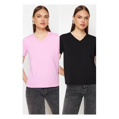 Trendyol Black-Pink 100% Cotton 2-Pack Basic V-Neck Knitted T-Shirt