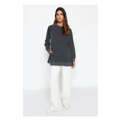 Trendyol Anthracite Washed Side Slit Detail Oversize Knitted Sweatshirt