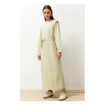 Trendyol Light Khaki Belted Shoulder Detailed Knitted Dress