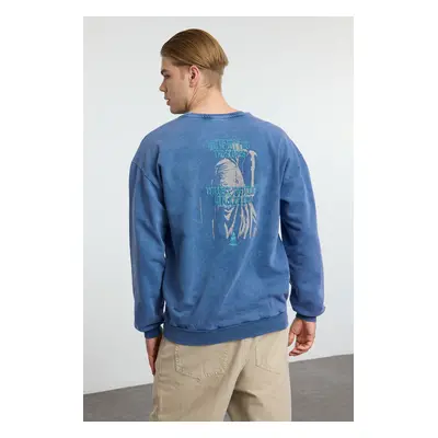 Trendyol Indigo Oversize/Wide Cut 100% Cotton Faded Effect Mystical Themed Sweatshirt