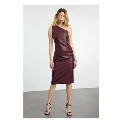 Trendyol Burgundy Straight Ruffle Detailed Bodycone/Fitting Knitted Dress