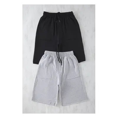 Trendyol Grey Melange-Black Pack Regular Cut with Stitching Detail Thick Shorts