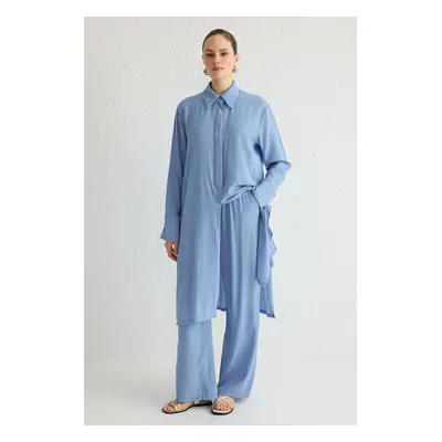 Trendyol Blue Front Slit Shirt Woven Collar Top-Bottom Set