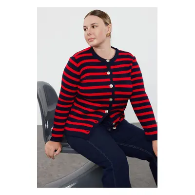 Trendyol Curve Navy Blue-Red Knitwear Plus Size Cardigan