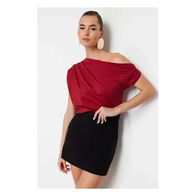 Trendyol Burgundy Regular/Normal Fit Asymmetrical Neckline Zero Sleeve Snap Stretchy Knitted Blo