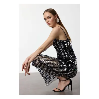 Trendyol Black Sequin Knitted Long Elegant Evening & Graduation Dress