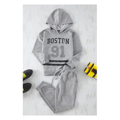 Trendyol Gray Melange Boy Slogan Cotton Knitted Bottom-Top Set