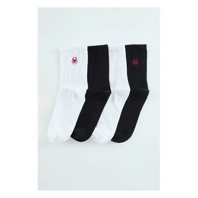 Trendyol Black-Ecru Unisex 4-Pack Cotton Embroidered and Plain Mixed College-Tennis-Medium Socks