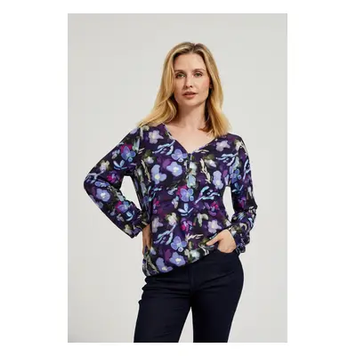 Women's floral blouse with V-neck MOODO - dark blue