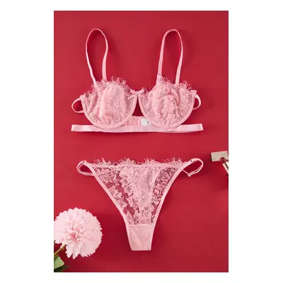 Trendyol Dusty Rose Lace Ribbon/Bow Rope Suspender Underwire Coverless Knitted Underwear Set