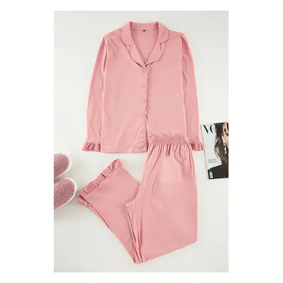 Trendyol Curve Pink Shirt Collar Flounce Detailed Knitted Pajama Set